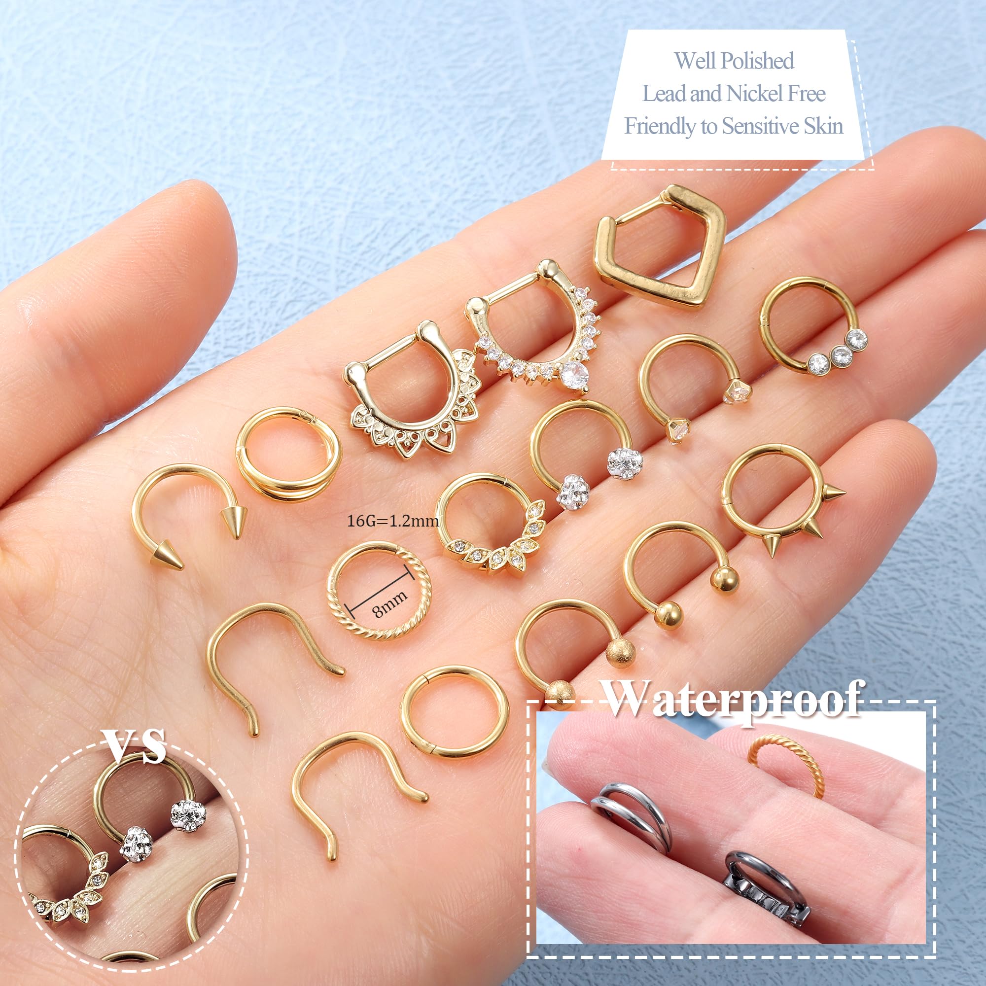 Besteel Hypoallergenic Gold Septum Rings 16G 8mm Surgical Steel Clicker Nose Rings Hoops Set Small Lip Cartilage Helix Daith Piercing Jewelry for Women Men 16 Pcs