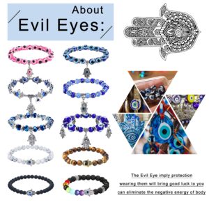 Sanfenly 10Pcs Evil Eye Bead Bracelet for Women Men Hamsa Hand Fatima Blue Eye Chakra Beaded Charm Stretch Bracelet Turkish Evil Eye Good Luck Protection Bracelet Evil Eye Jewelry Gift