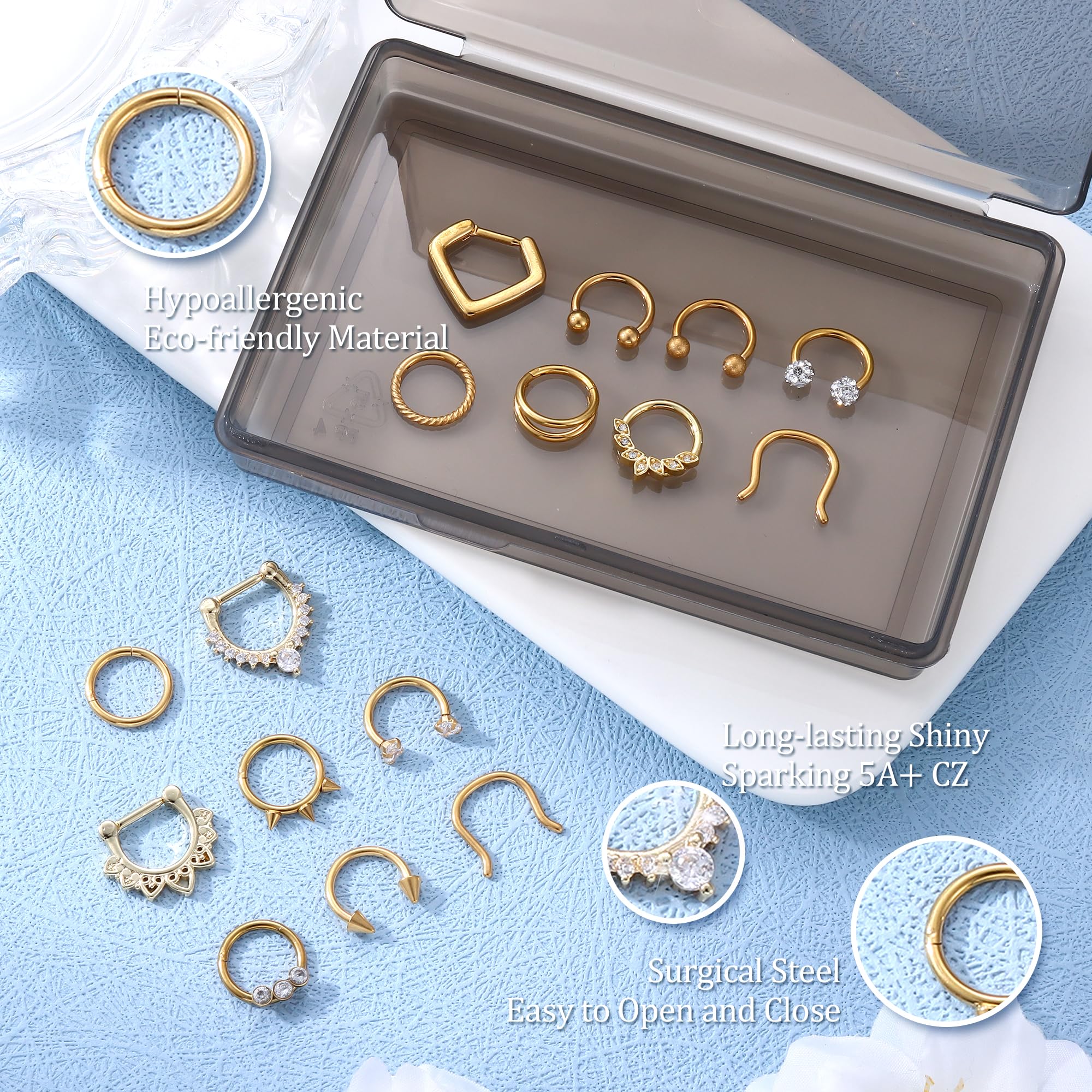 Besteel Hypoallergenic Gold Septum Rings 16G 8mm Surgical Steel Clicker Nose Rings Hoops Set Small Lip Cartilage Helix Daith Piercing Jewelry for Women Men 16 Pcs