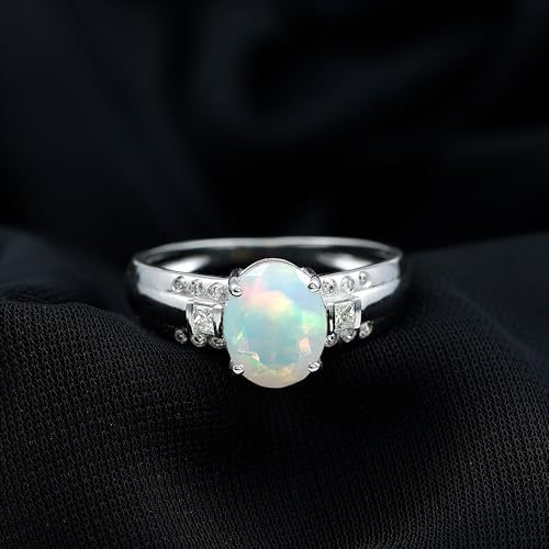 Natural Certified Opal 8X10mm Oval Engagement Ring, AAA Quality, Ethiopian Opal Diamond Solitaire Ring - With Jewelry Box, 14K White Gold, Size:US 7.00