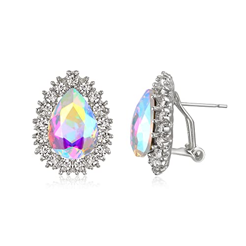 BriLove Women's Fashion Crystal Teardrop Oval Stud Earrings for Paryt Prom Iridescent AB Silver-Tone