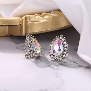 BriLove Women's Fashion Crystal Teardrop Oval Stud Earrings for Paryt Prom Iridescent AB Silver-Tone