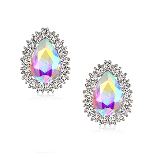 BriLove Women's Fashion Crystal Teardrop Oval Stud Earrings for Paryt Prom Iridescent AB Silver-Tone