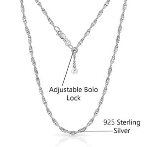 Savlano 925 Sterling Silver Italian Solid 1.5MM Singapore Twist Adjustable Bolo 14-24 Inch Chain Necklace For Women - Made in Italy Comes With a Gift Box (White)