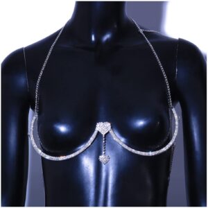 Rhinestone Chest Bracket Sexy Bra Chain Body Jewelry Bikini Silver Crystal Body Chain Rhinestone Bra Underwear Chain Jewelry for Women (Double Heart Pendant)