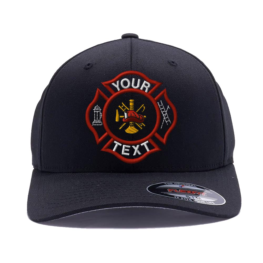 Custom Embroidered Firefighter hat. Flex Baseball 6277/6477 Baseball Cap. Firefighter Maltese Cross Flex Baseball hat (S/M, Black)