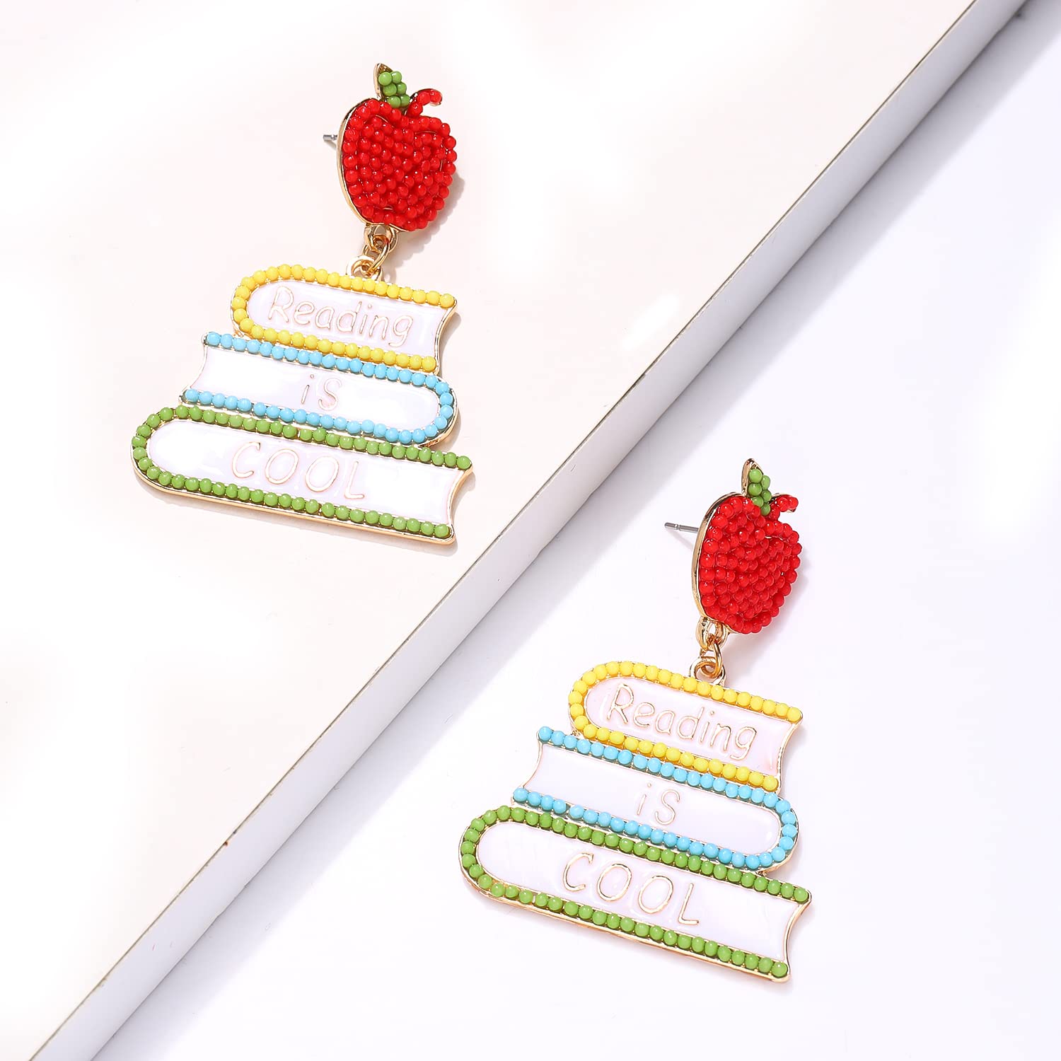 Teacher Earrings Beaded Dangle Earrings for Women Funny Teacher Apple Drop Earrings Teacher Appreciation Gift Back To School Jewelry (Book)