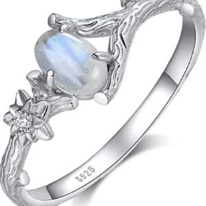 HUKQBUNX 925 Sterling Silver Natural Moonstone Ring Feminine Branch Flower Lady Shiny Wedding Engagement Ring Birthday Party Ring Size 6-10 (Size 9)