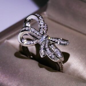 DCFSHEE Butterfly Sparkly CZ Rhinestone Cubic Zirconia Cocktail Ring Bow-Knot Knuckle Ring Wedding Promise Jewelry Ring for Women (US size 6)