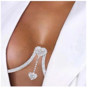 Rhinestone Chest Bracket Sexy Bra Chain Body Jewelry Bikini Silver Crystal Body Chain Rhinestone Bra Underwear Chain Jewelry for Women (Double Heart Pendant)