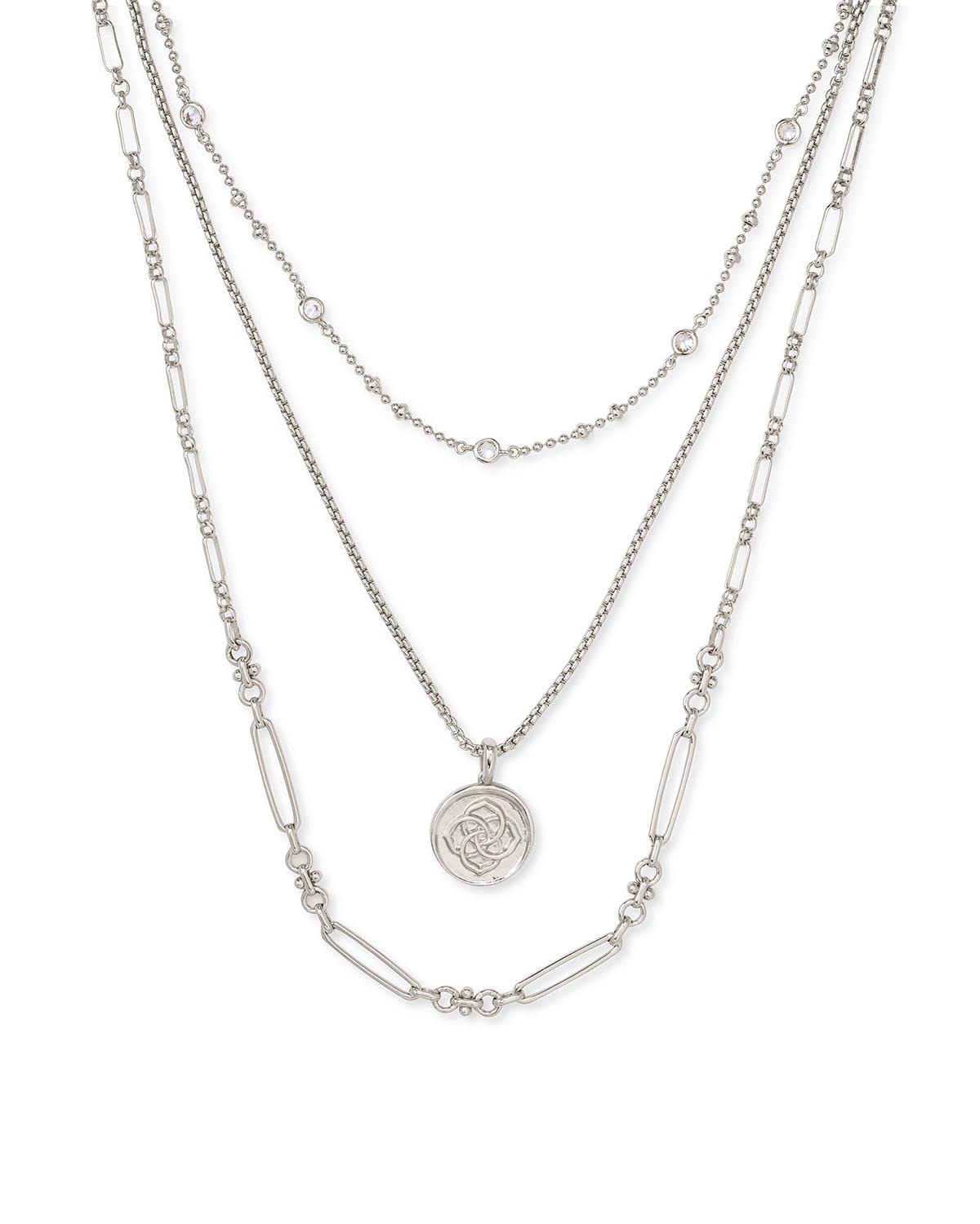 Kendra Scott Medallion Triple Strand Necklace in Silver-Plated Brass, Fashion Jewelry for Women, Rhodium