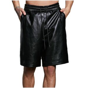 BADHUB Men's Gothic Shiny Pu Leather Shorts Metallic Style Elastic Long Drawstring Loose Comfortable Pouch Moto Short Pants