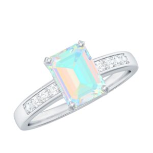 certified opal 6x8mm emerald cut engagement ring, aaa quality, natural opal diamond solitaire ring - with jewelry box, 14k white gold, size:us 10.00