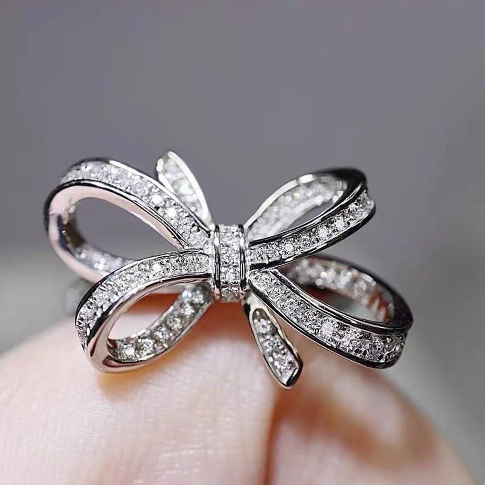 DCFSHEE Butterfly Sparkly CZ Rhinestone Cubic Zirconia Cocktail Ring Bow-Knot Knuckle Ring Wedding Promise Jewelry Ring for Women (US size 6)