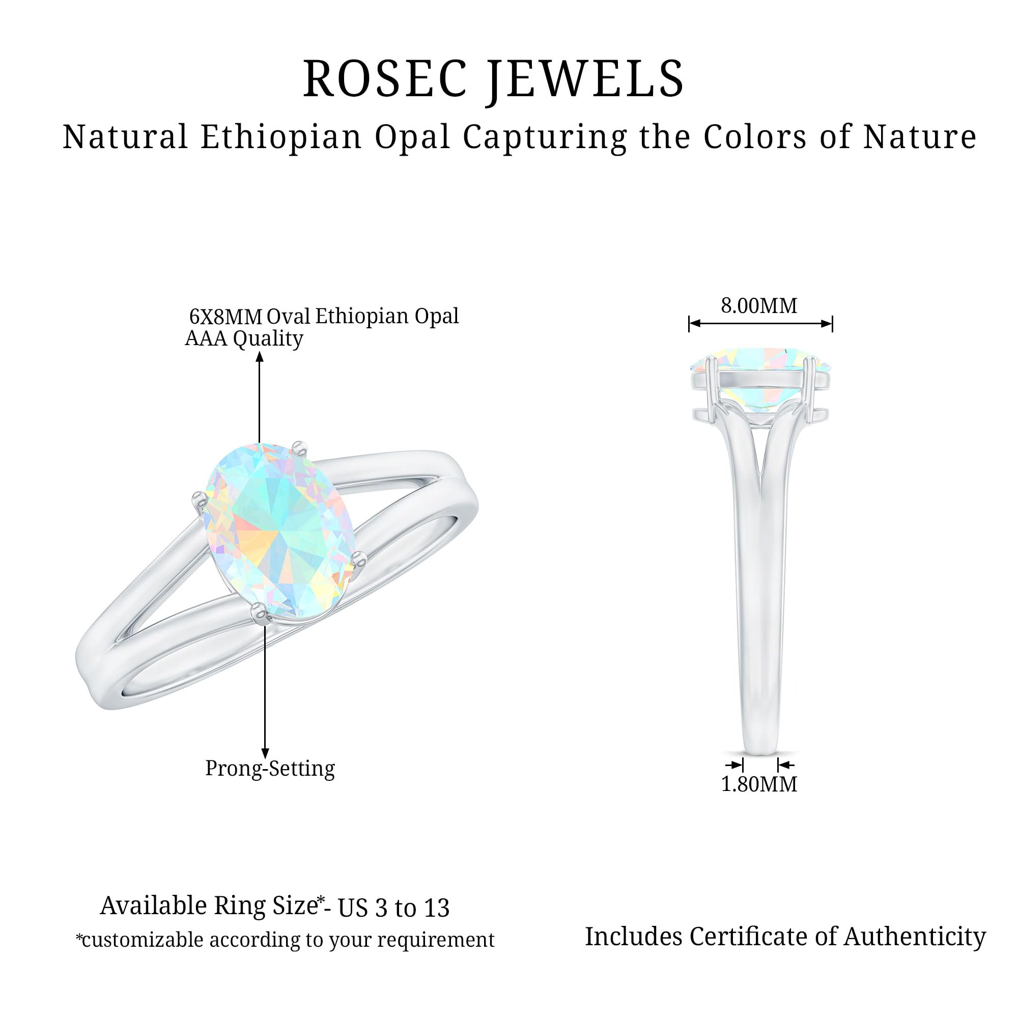 Rosec Jewels Natural Opal Oval Engagement Ring, AAA Quality, 6X8 MM Ethiopian Opal Split Shank Engagement Ring - Ready To Gift, 14K White Gold, Size:US 9.00