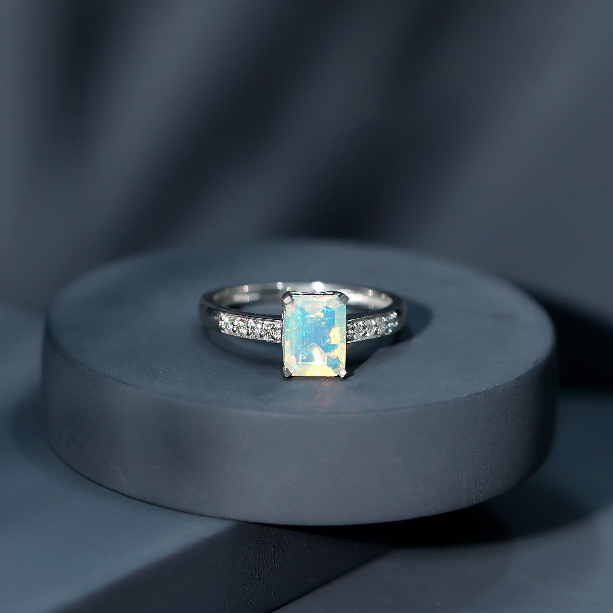 Certified Opal 6X8mm Emerald Cut Engagement Ring, AAA Quality, Natural Opal Diamond Solitaire Ring - With Jewelry Box, 14K White Gold, Size:US 10.00