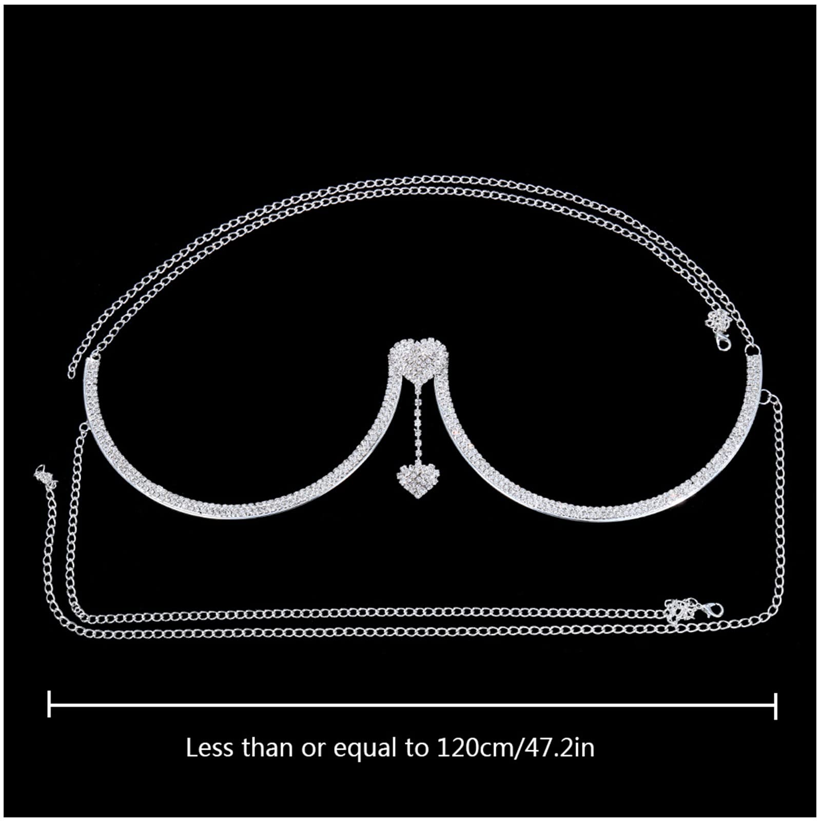 Rhinestone Chest Bracket Sexy Bra Chain Body Jewelry Bikini Silver Crystal Body Chain Rhinestone Bra Underwear Chain Jewelry for Women (Double Heart Pendant)