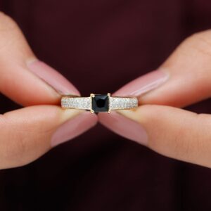 Black Spinel and Diamond Engagement Ring, Princess Cut Black Spinel and Gold Engagement Ring, 14K Yellow Gold, Size:US 6.00