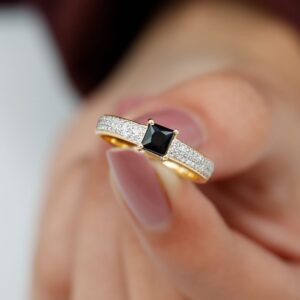 Black Spinel and Diamond Engagement Ring, Princess Cut Black Spinel and Gold Engagement Ring, 14K Yellow Gold, Size:US 6.00