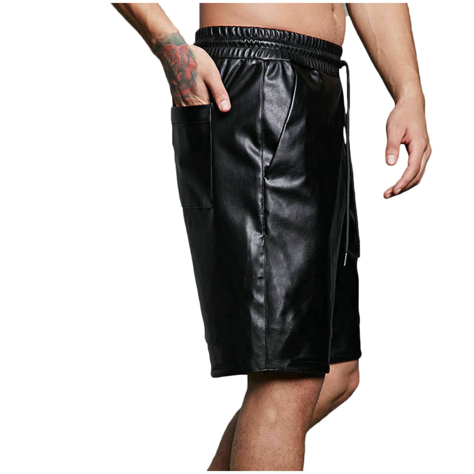 BADHUB Men's Gothic Shiny Pu Leather Shorts Metallic Style Elastic Long Drawstring Loose Comfortable Pouch Moto Short Pants