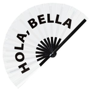 hola, bella hand fan foldable bamboo circuit rave hand fans spanish words fan outfit party gear gifts music festival rave accessories (white)