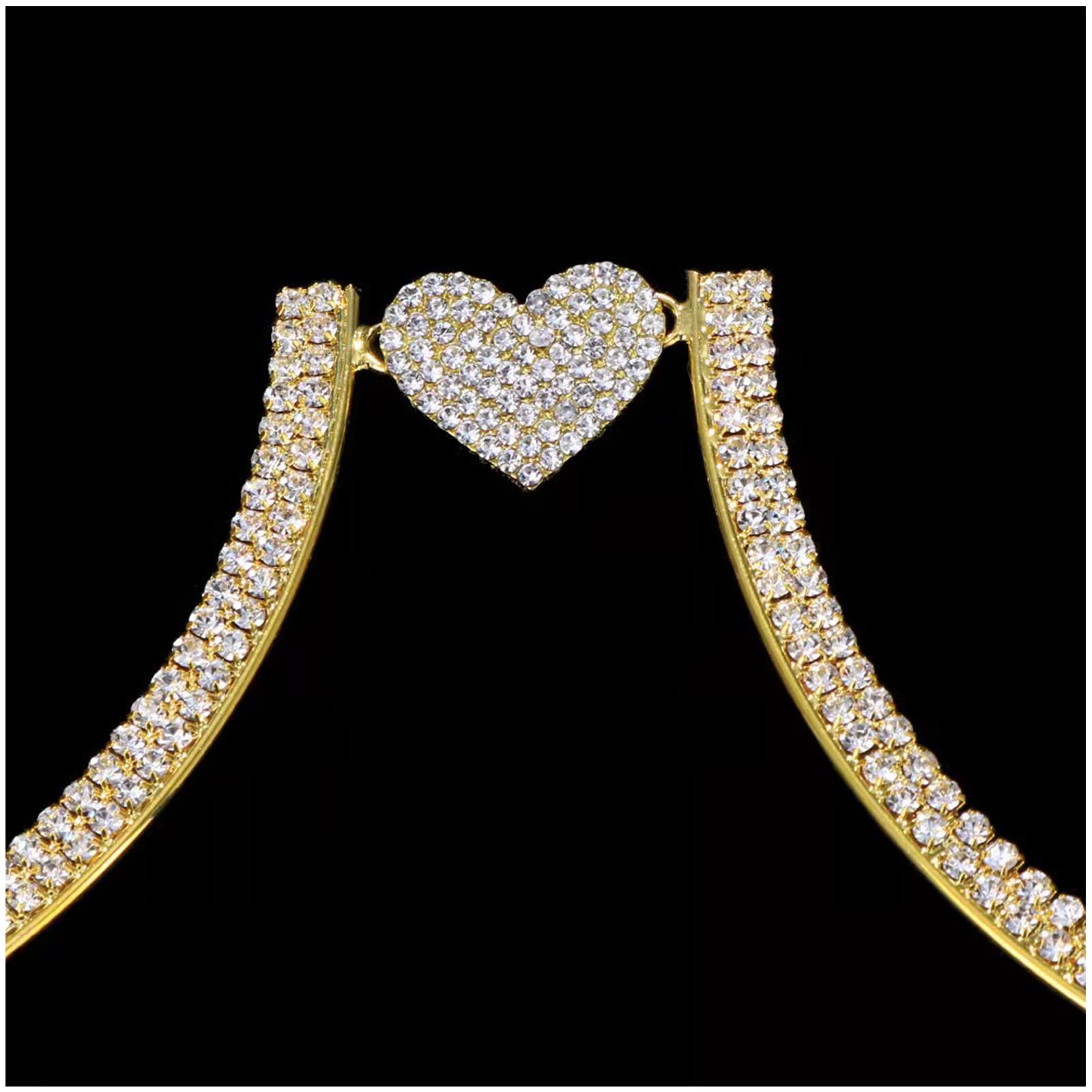 Crystal Body Chain Rhinestone Chest Bracket Sexy Bikini Heart Bra Jewelry Beach Party Prom Fashion Body Accessories Jewelry for Women (Gold)