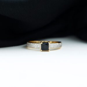 Black Spinel and Diamond Engagement Ring, Princess Cut Black Spinel and Gold Engagement Ring, 14K Yellow Gold, Size:US 6.00