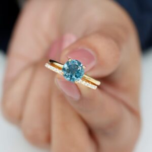 Real London Blue Topaz and Diamond Wedding Ring Set| 8 MM Round| AAA Quality| Certified Bridal Ring Set, 14K Yellow Gold, Size:US 8.50