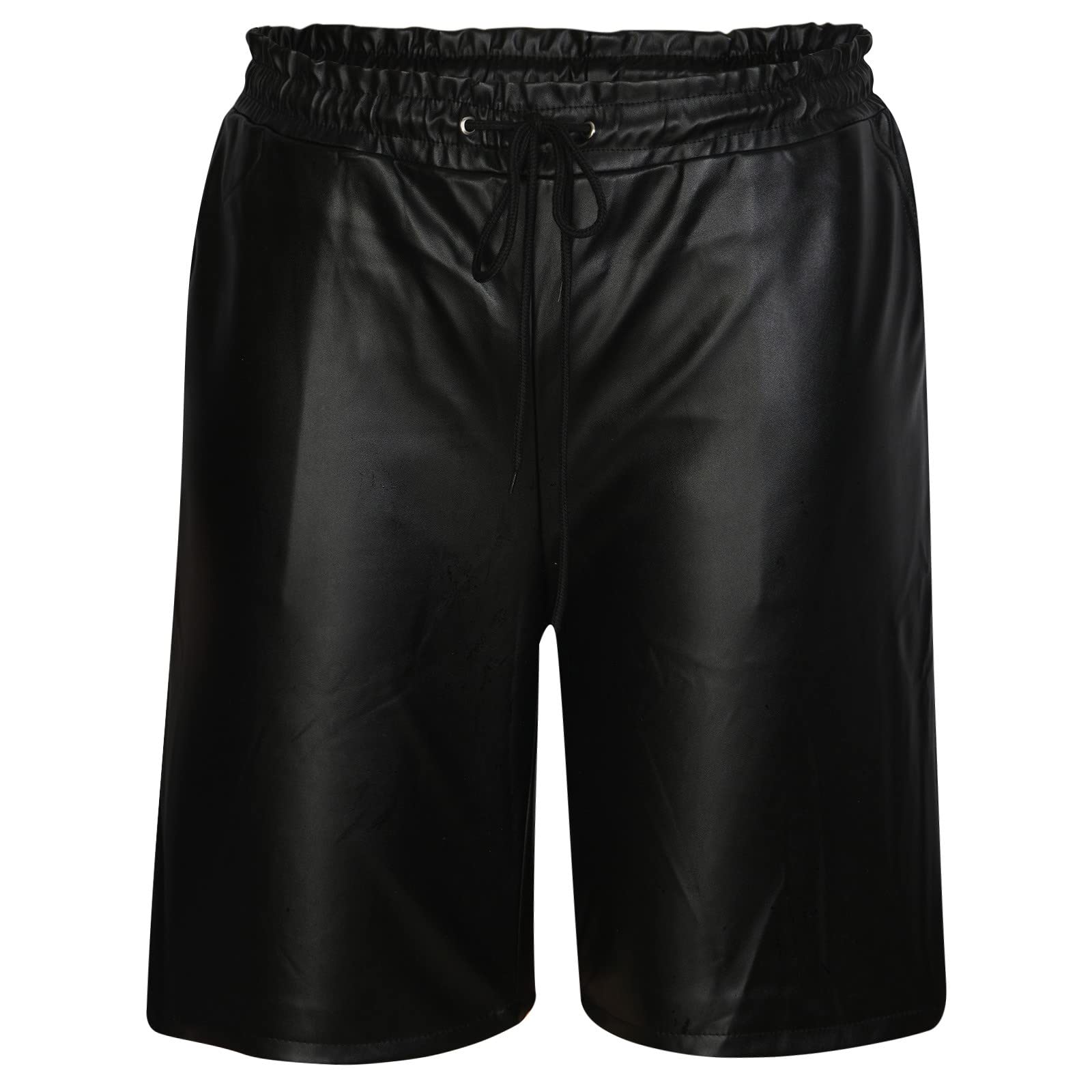 BADHUB Men's Gothic Shiny Pu Leather Shorts Metallic Style Elastic Long Drawstring Loose Comfortable Pouch Moto Short Pants