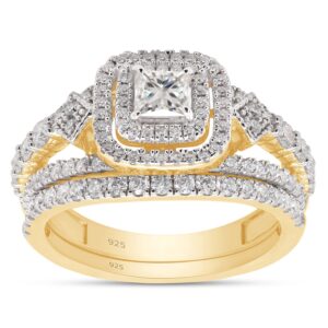 SAVEARTH DIAMONDS 1 1/10 Carat (ctw) Lab Created Moissanite & Lab Grown Diamond Halo Wedding Bridal Ring Set In 14K Yellow Gold Over 925 Sterling Silver (1.10 Ctw), Gift For Her Ring Size-9.5