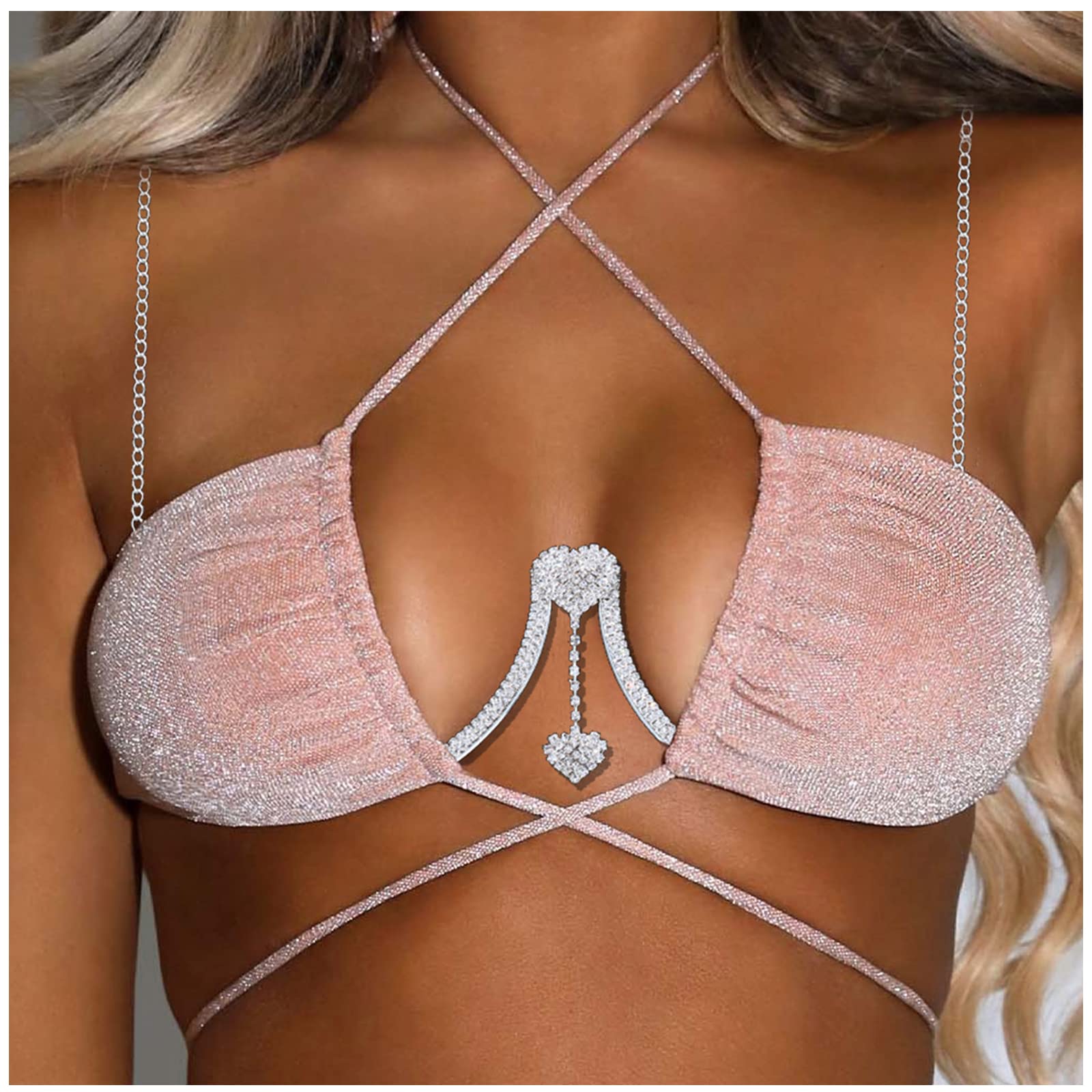 Rhinestone Chest Bracket Sexy Bra Chain Body Jewelry Bikini Silver Crystal Body Chain Rhinestone Bra Underwear Chain Jewelry for Women (Double Heart Pendant)