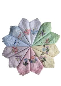 ftsucq womens vintage floral wedding party cotton handkerchiefs, embroidered with lace (lace handkies-12pcs)