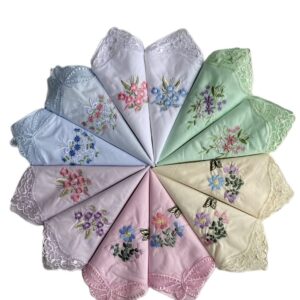 FTSUCQ Womens Vintage Floral Wedding Party Cotton Handkerchiefs, Embroidered with Lace (Lace Handkies-12PCS)