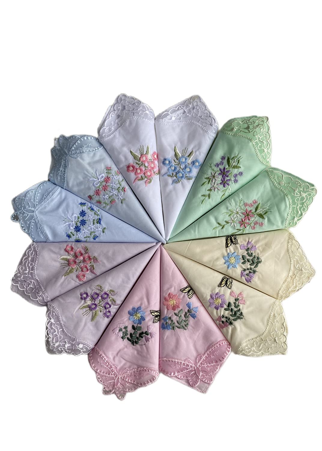 FTSUCQ Womens Vintage Floral Wedding Party Cotton Handkerchiefs, Embroidered with Lace (Lace Handkies-12PCS)