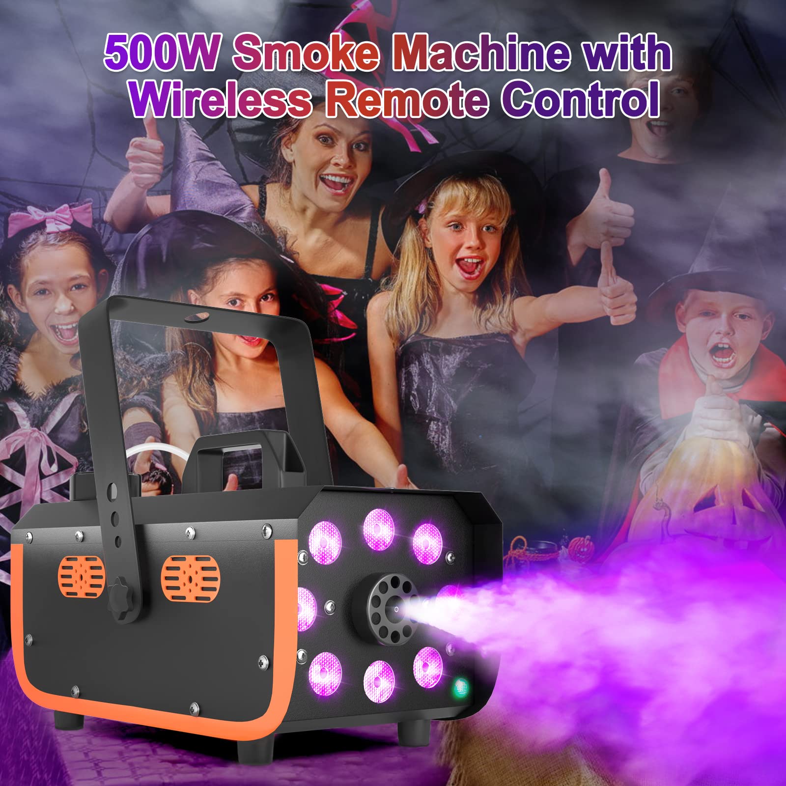 Light Rain and Splash Proof Fog Machine, HAKUTA 500W Smoke Machine with 2300 CFM Output of Fog and 2 Remotes, 8 LED Lights with 4 Light Effects for Outdoor Music Festival Pool Party Wedding DJ Stage