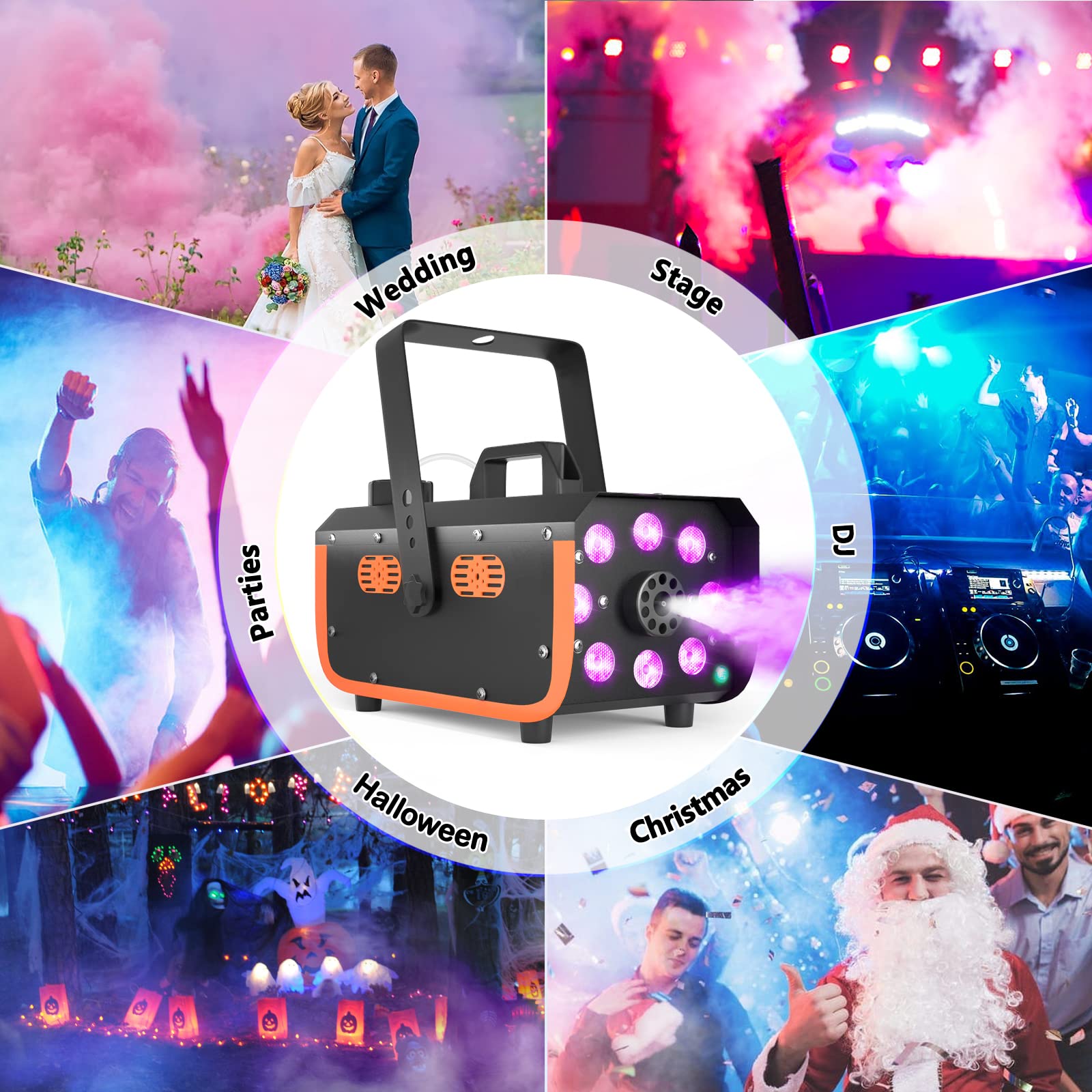 Light Rain and Splash Proof Fog Machine, HAKUTA 500W Smoke Machine with 2300 CFM Output of Fog and 2 Remotes, 8 LED Lights with 4 Light Effects for Outdoor Music Festival Pool Party Wedding DJ Stage