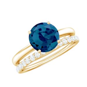 real london blue topaz and diamond wedding ring set| 8 mm round| aaa quality| certified bridal ring set, 14k yellow gold, size:us 8.50