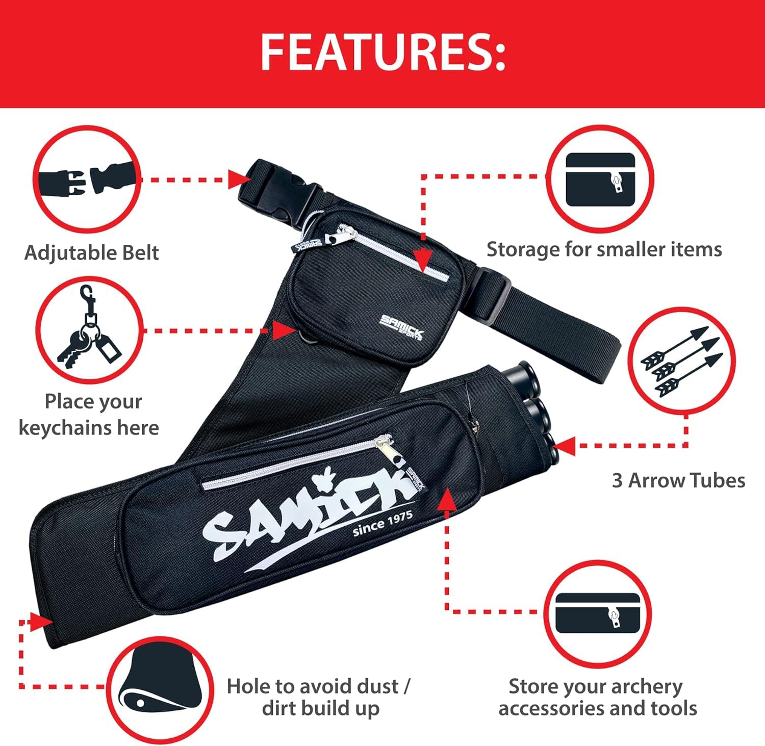 SAMICK SPORTS Archery Arrow Quiver - Adjustable Waist Hanged Quiver with 3 Removable Tubes & Pockets for Archery Arrows Case & Equipment - Ideal for Hunting & Target Practice - Right Handed Only