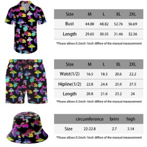 ifamawlea Men's 2 Piece Mushroom Fish Hawaiian Shirt Shorts Button Down Shirt and Shorts Sets with Bucket Hats Large