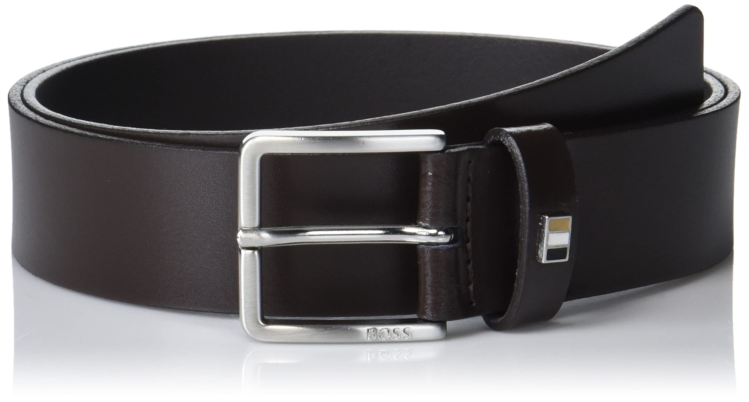 BOSS Men's Engraved Logo Leather Belt, Dark Roast, 36