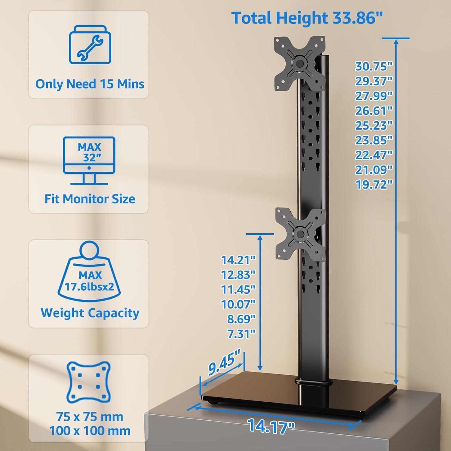 MOUNTUP Vertical Dual Monitor Stand, Stack Two Screens up to 32 inches,17.6 Lbs, Free-Standing Monitor Desk Mount, Monitor Riser with Swivel, Tilt, Height Adjustable, VESA Stand 100 x 100mm, 75 x 75mm