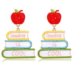 Teacher Earrings Beaded Dangle Earrings for Women Funny Teacher Apple Drop Earrings Teacher Appreciation Gift Back To School Jewelry (Book)