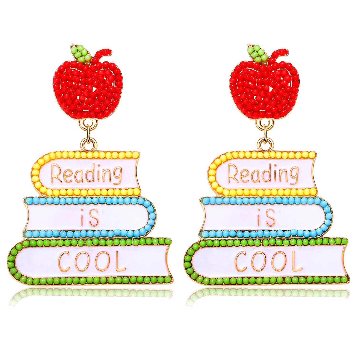 Teacher Earrings Beaded Dangle Earrings for Women Funny Teacher Apple Drop Earrings Teacher Appreciation Gift Back To School Jewelry (Book)