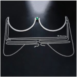 Sexy Rhinestone Chest Bracket Bra Chain Body Jewelry Simple Green Round Crystal Body Chain Rhinestone Underwear Chain Lingerie Chest Chain for Women (Silver)