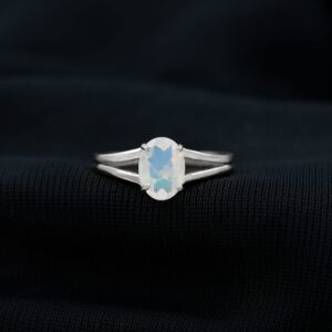 Rosec Jewels Natural Opal Oval Engagement Ring, AAA Quality, 6X8 MM Ethiopian Opal Split Shank Engagement Ring - Ready To Gift, 14K White Gold, Size:US 9.00