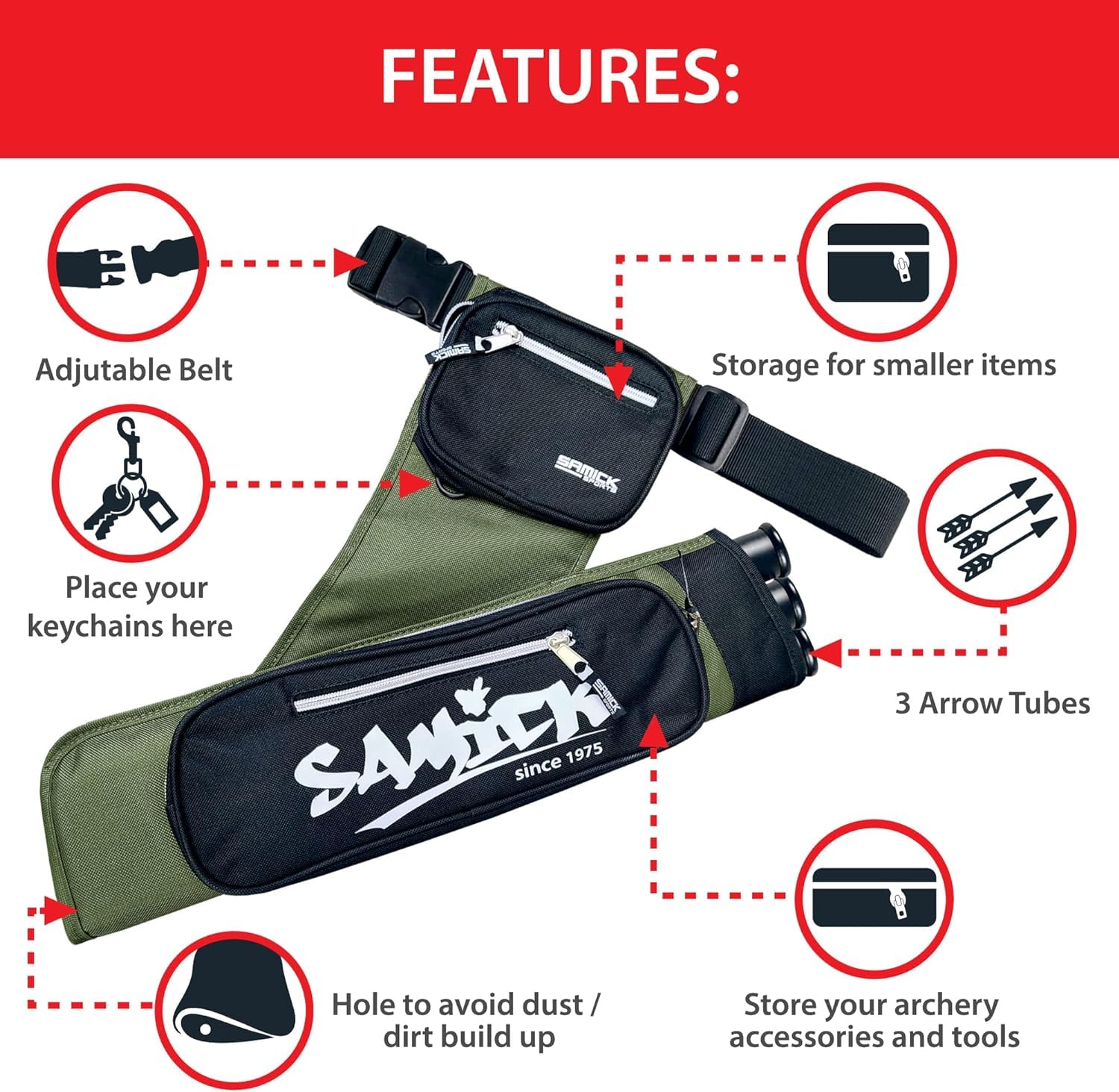 SAMICK SPORTS Archery Arrow Quiver - Adjustable Waist Hanged Quiver with 3 Removable Tubes & Pockets for Archery Arrows Case & Equipment - Ideal for Hunting & Target Practice - Right Handed Only