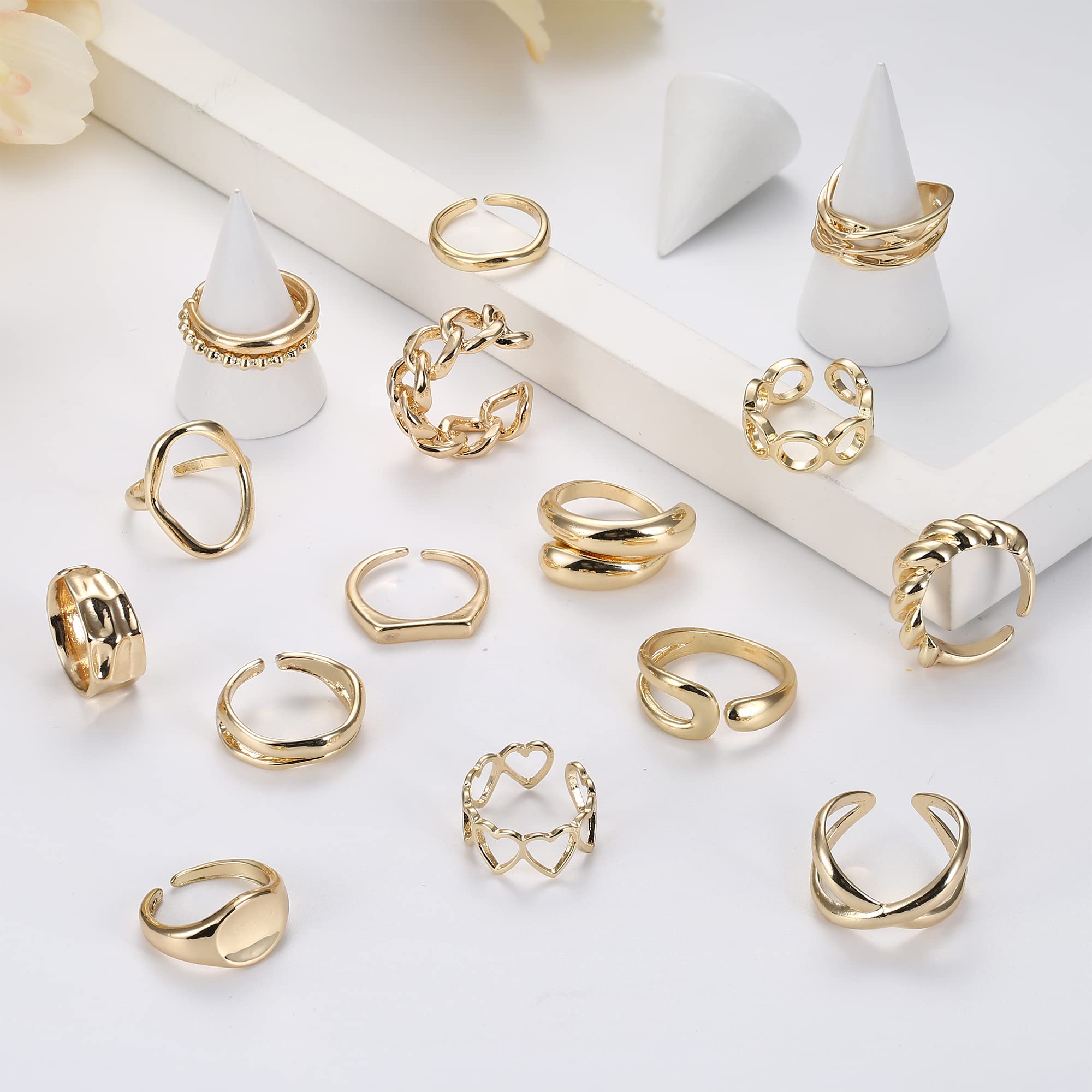 FIBO STEEL 16PCS Gold Dome Chunky Rings for Women 18K Gold Plated Croissant Braided Twisted Stacking Round Signet Adjustable Open Rings Set Size 6-9