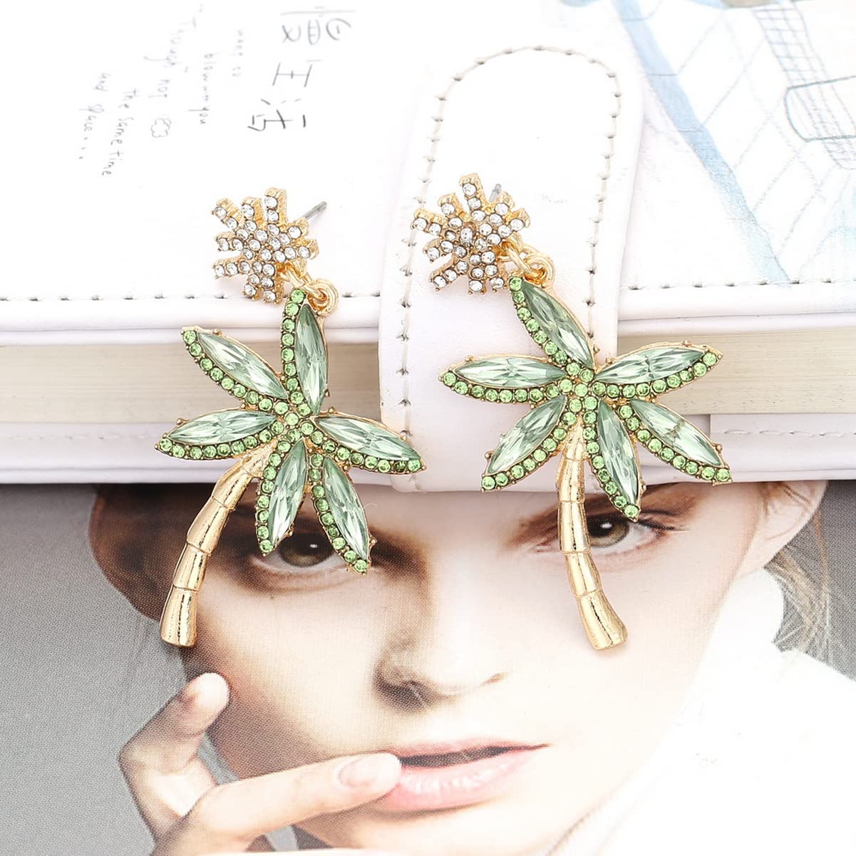 Fashion Trendy Palm Tree Earrings for Women,Bling Unique CZ Tropical Earrings Plant Leaf Drop Dangle Earrings,Funky Novelty Vacation Summer Boho Hawaiian Holiday Cute Jewelry(white green)