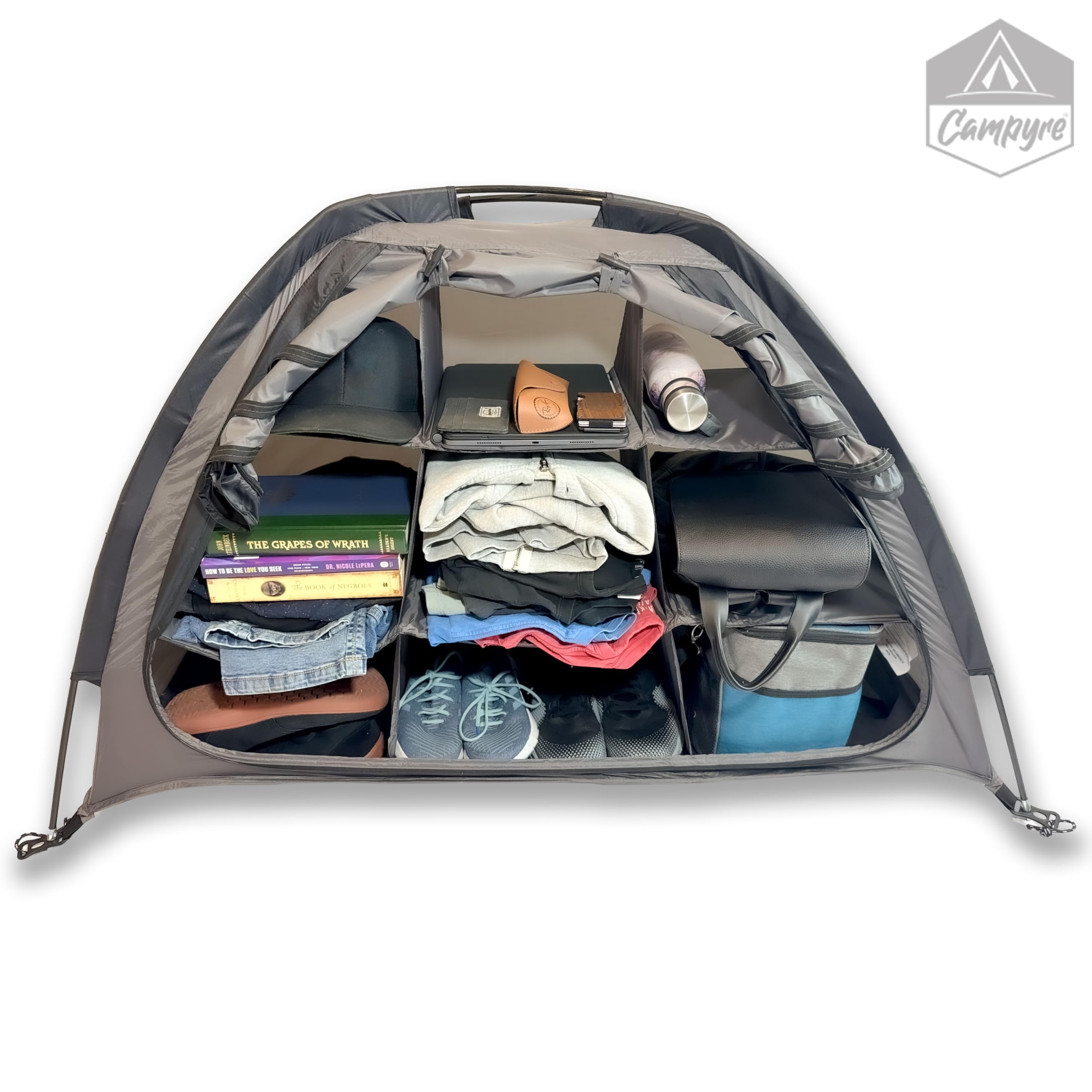 CAMPYRE - Tent & RV Camping Organizer with Zippered Flap, 9-Shelf Storage. Tent Organizer, RV Shoe Organizer, Dining Tent Organizer. Organize any other Camp Gear/Accessories (Patented - Licensed)