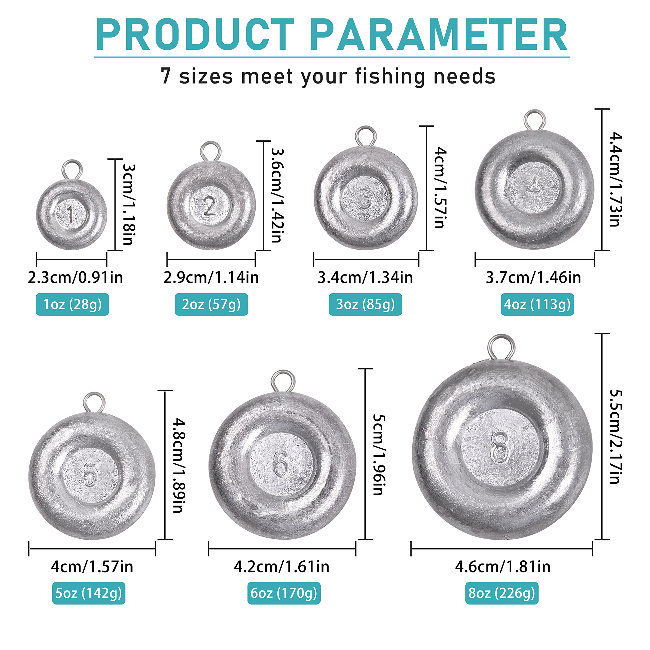 Disc Sinkers Fishing Weights Coin Sinkers Saltwater Surf Fishing Weights Flat Sinkers Bottom Drifting Trolling Catfishing Fishing Sinkers Weights Saltwater Tackle 1oz 2oz 3oz 4oz 5oz 6oz 8oz